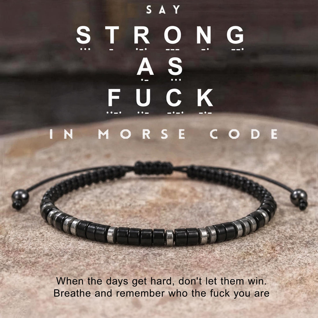 obsidian strong as fuck morse code bracelet, strength and protection jewelry