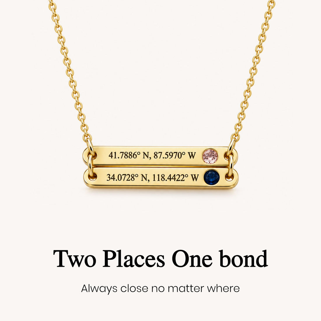 custom dual coordinates birthstone necklace, personalized location jewelry