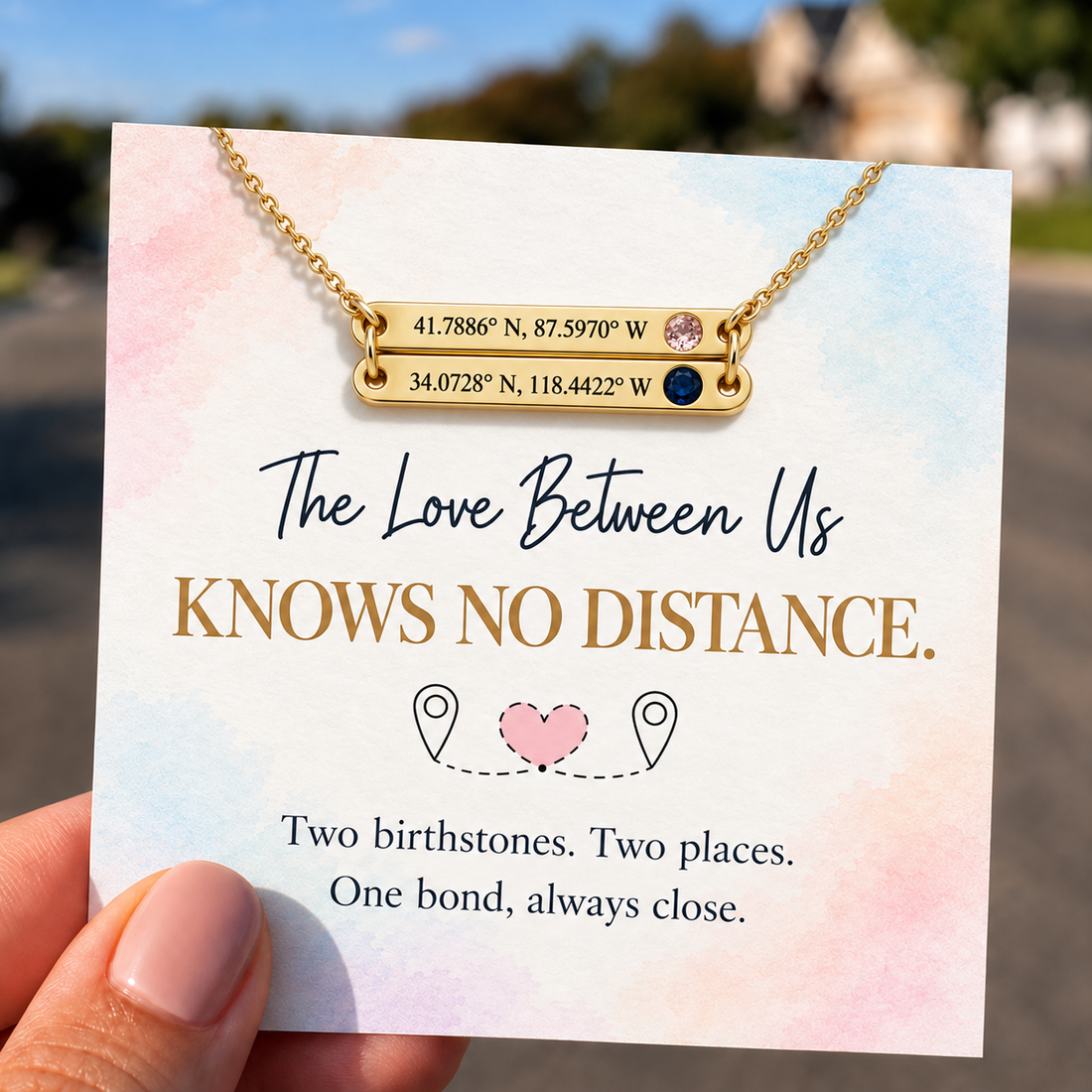 custom dual coordinates birthstone necklace, personalized location jewelry