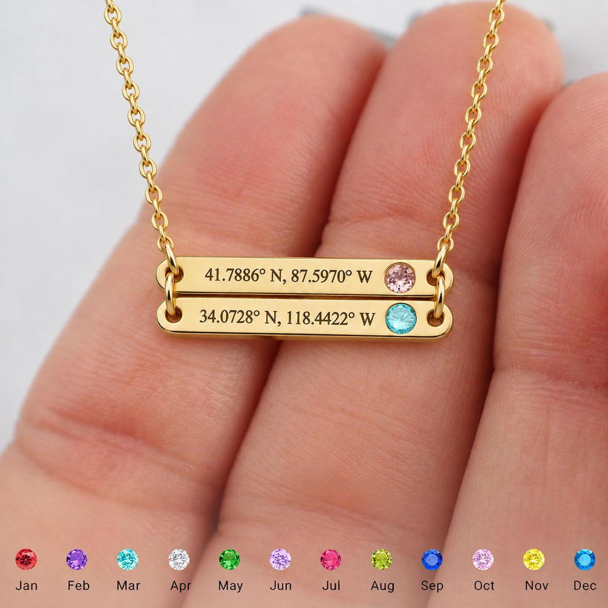 two birthstones two places necklace, long distance connection jewelry