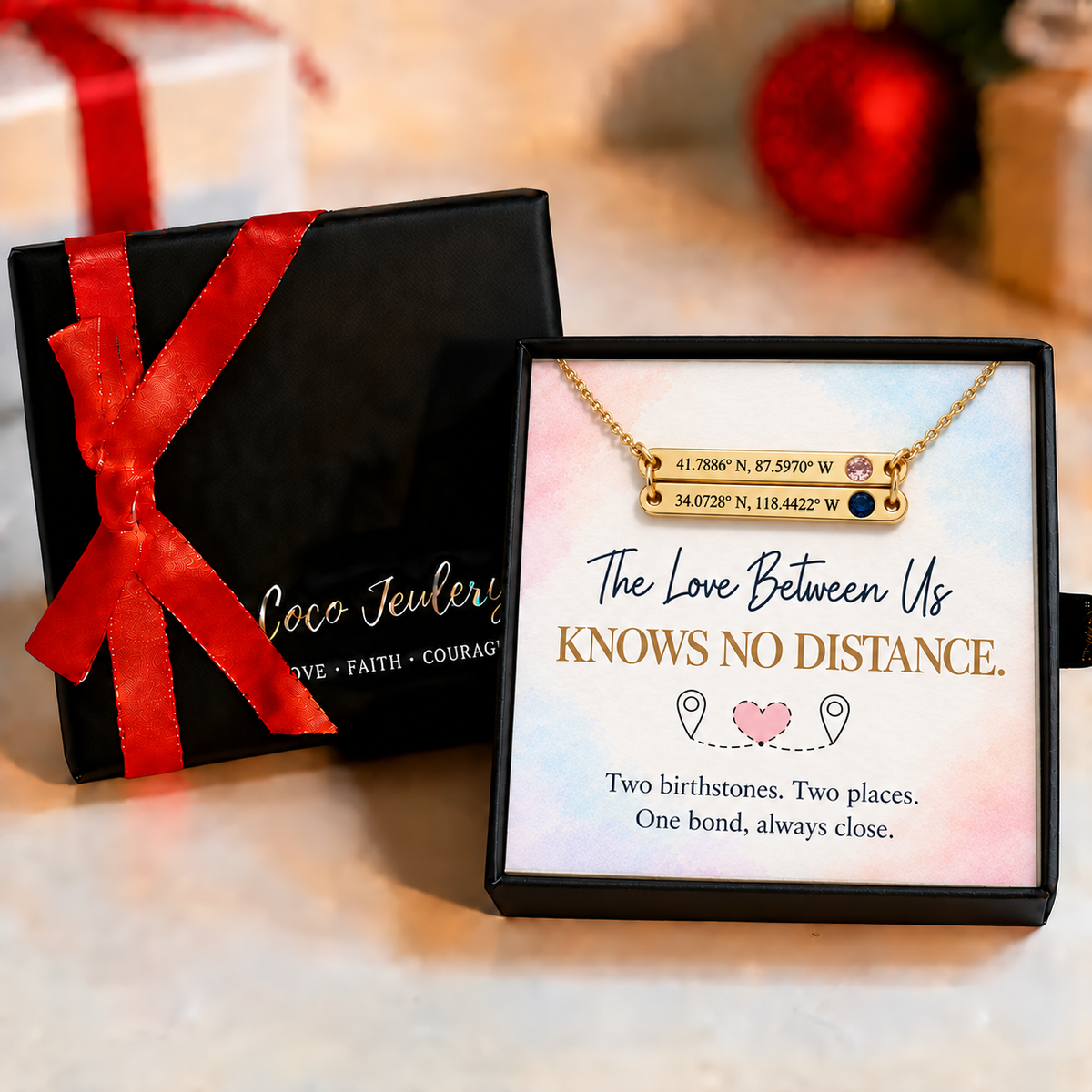 long distance relationship gift, personalized coordinates necklace, gift-ready