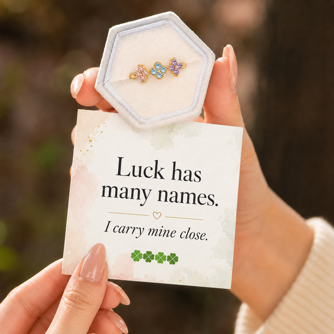 custom lucky clover multiple birthstone ring, personalized birthstone jewelry