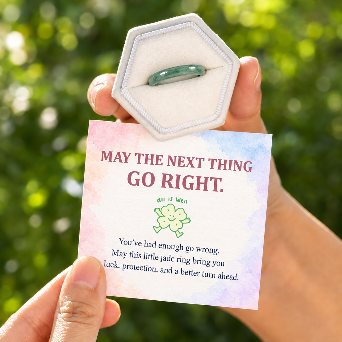 may the next thing go right natural jade ring, luck and protection jewelry
