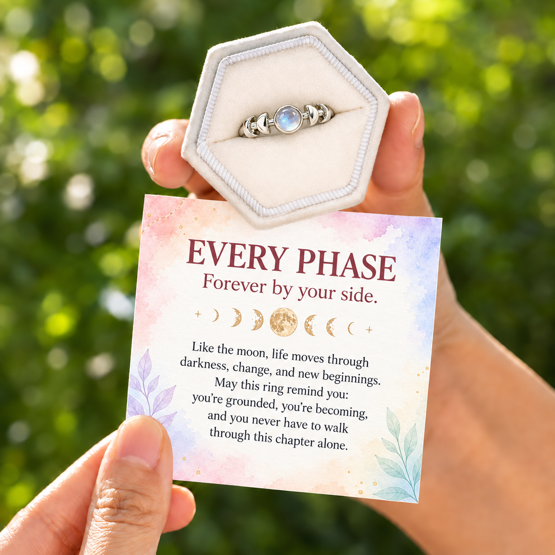 through every phase moonstone ring, moon phase inspired jewelry