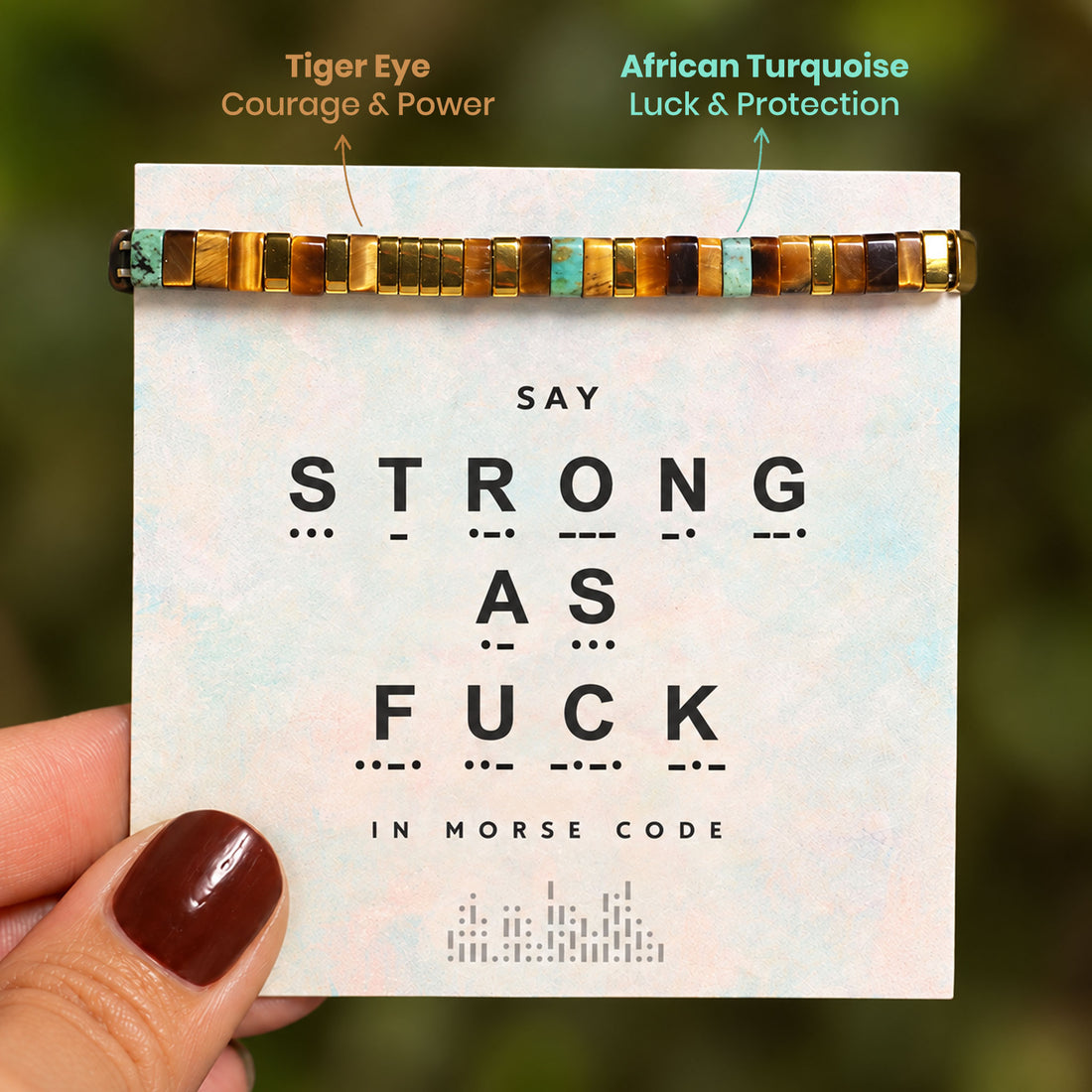 strong as fuck tila morse code bracelet, morse code jewelry