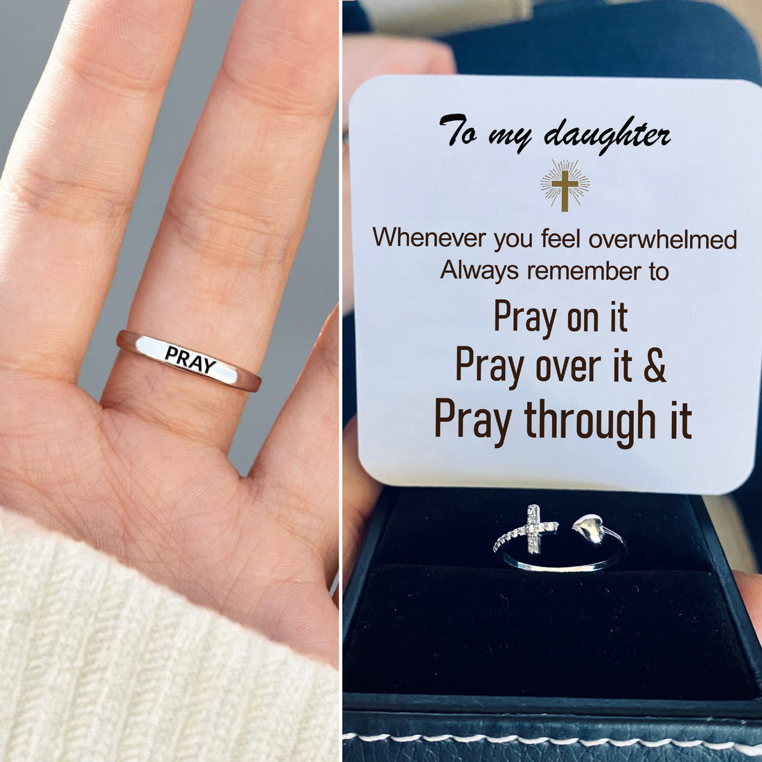 Pray on It Cross & Heart Adjustable Ring