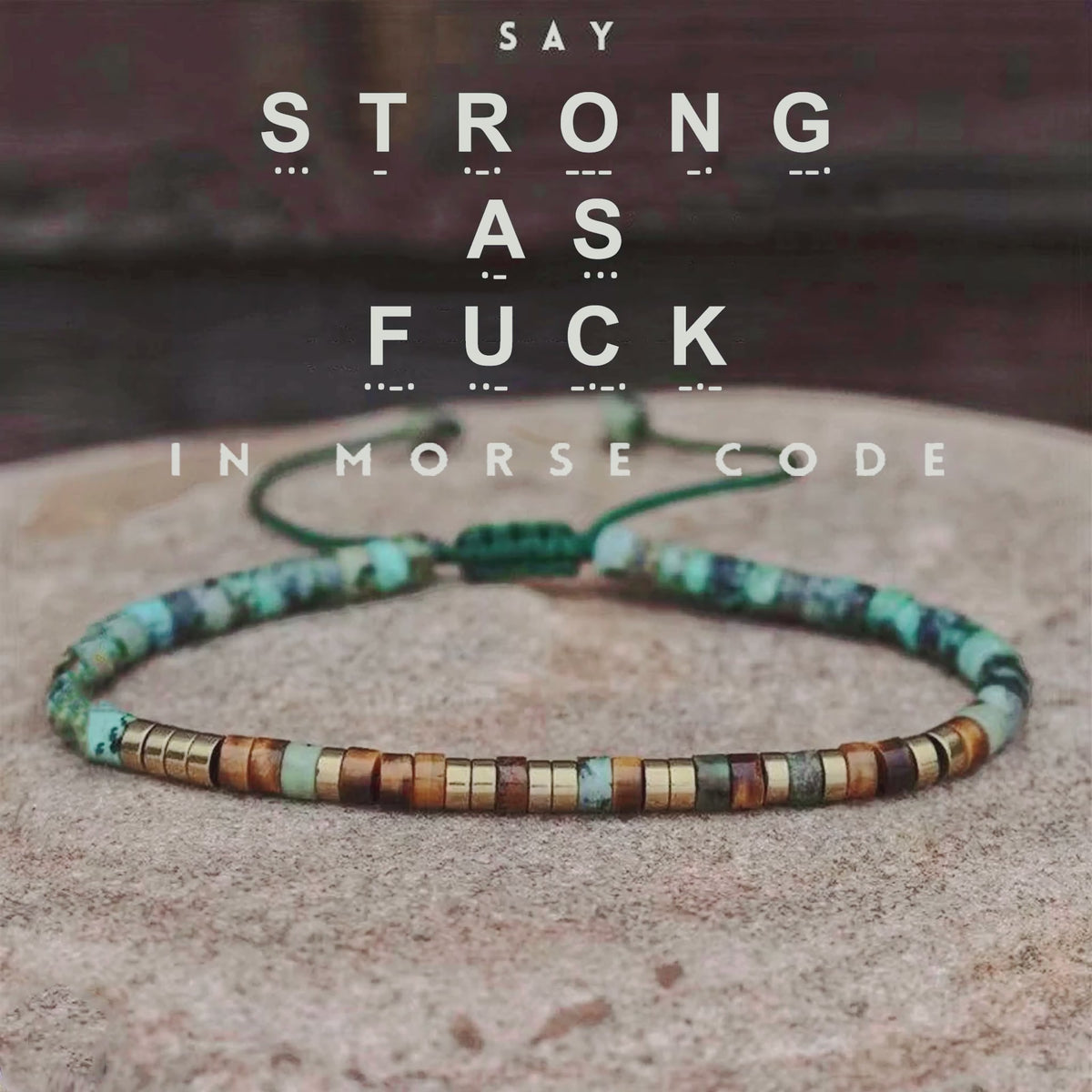 Morse code bead pattern spelling Strong As F*ck